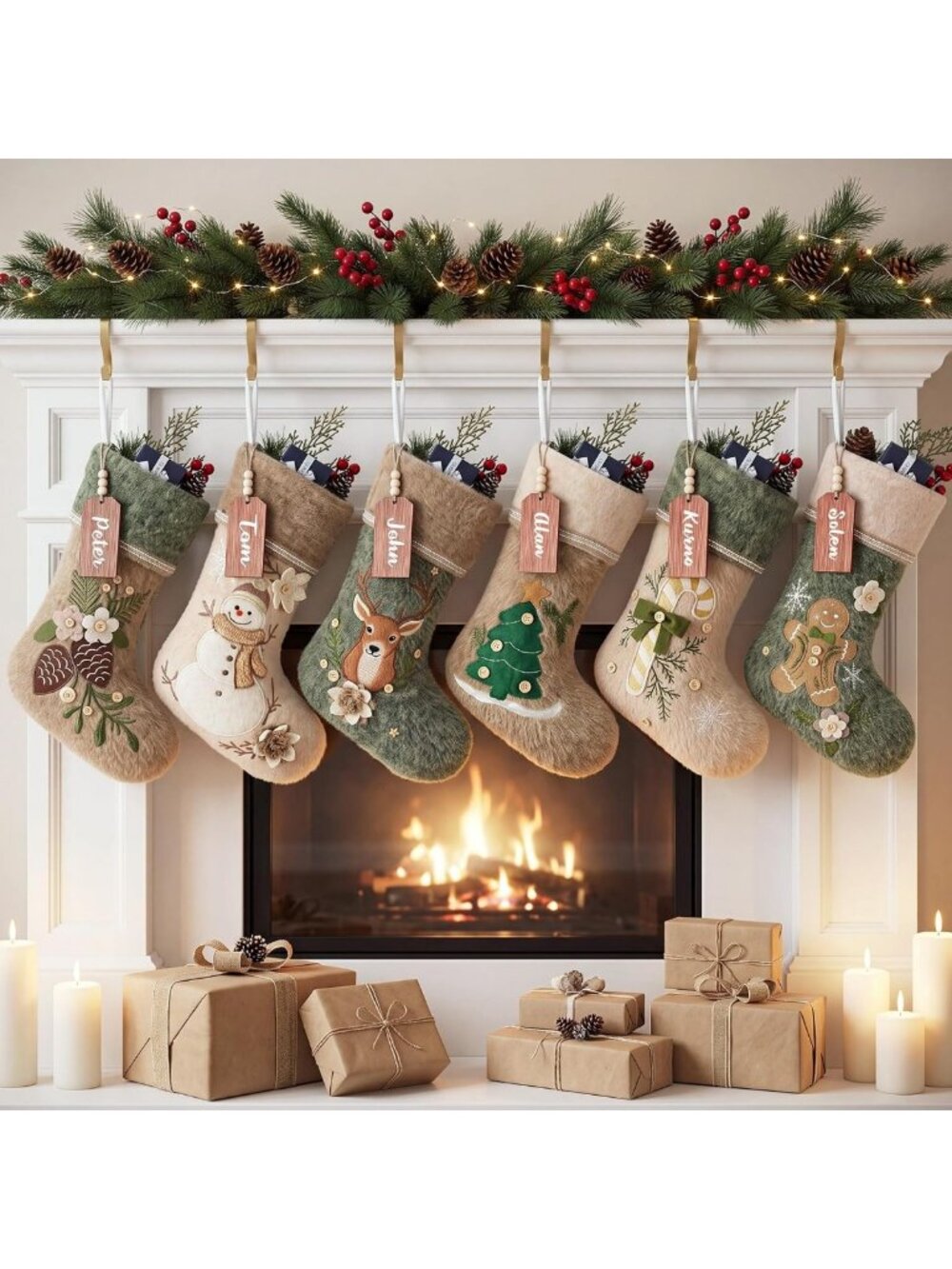 Personalized Rustic Christmas Stockings Set of 6 with Name Tags - Holiday Decor